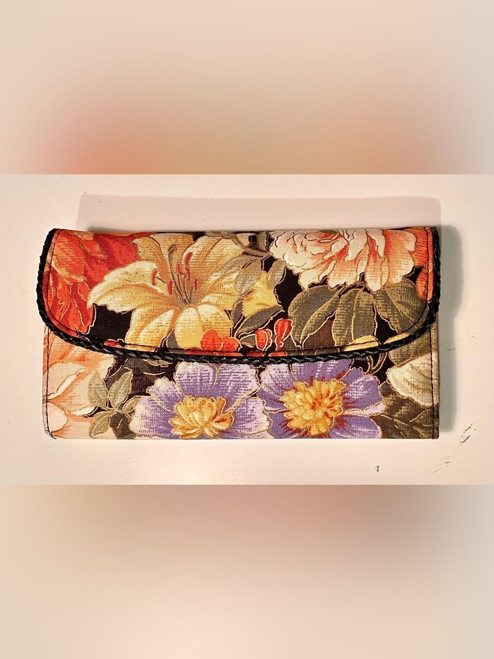Avon Floral Fold-Over Wallet Clutch in Black with Multicolor Blooms